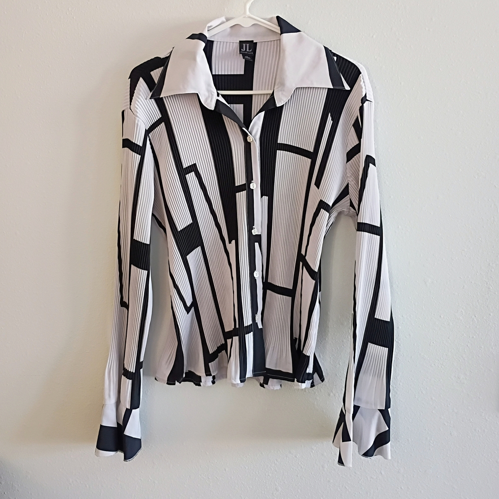 Jennifer Lloyd JL Pleated Blouse Black White Button Front Size L Womens